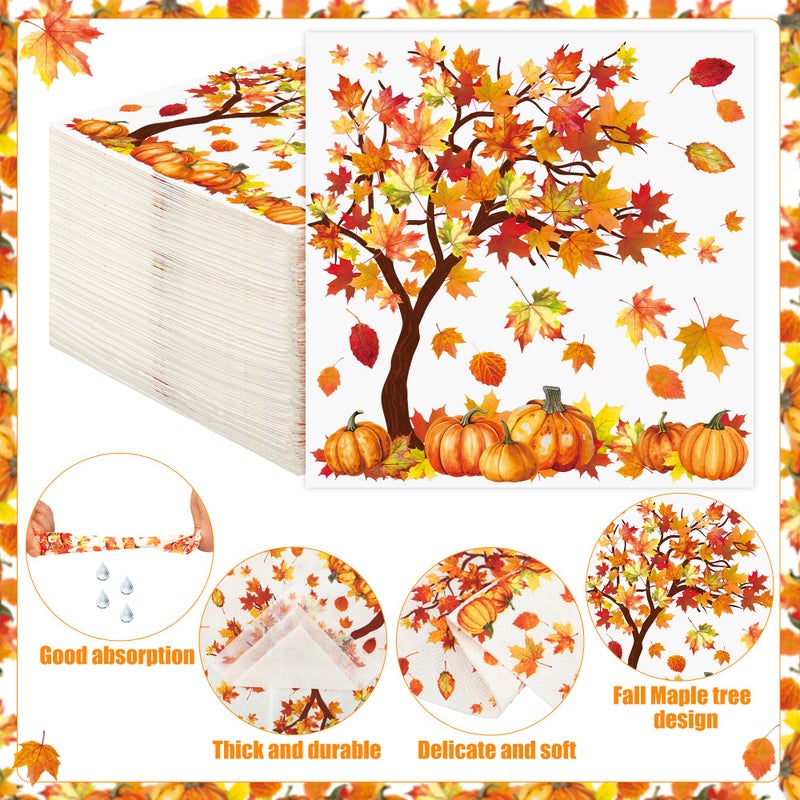 peony man 100 Pcs Fall Cocktail Napkins Fall Tree Paper Napkin 3 Ply Pumpkin Maple Leaves Party Dinner Napkins Disposable Autumn Beverage Napkin for Thanksgiving Autumn Harvest Party Supplies Table Decor - Image 3